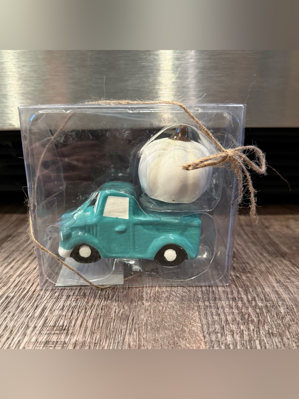 NIB Hobby Lobby Teal Pickup Truck and White Pumpkin Salt and Pepper Shakers Fall